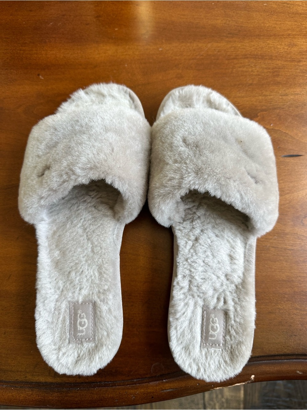 UGG Plush Shearling Slide Slippers in Light Taupe